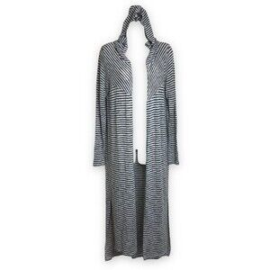 Copper Key Long Black White Stripe Duster Open Front Hooded Sweater Size Large
